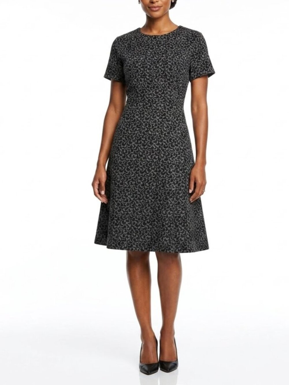 LOFT Whimsigoth Abstract Scroll Print A-Line Knit Dress Grey Black 12